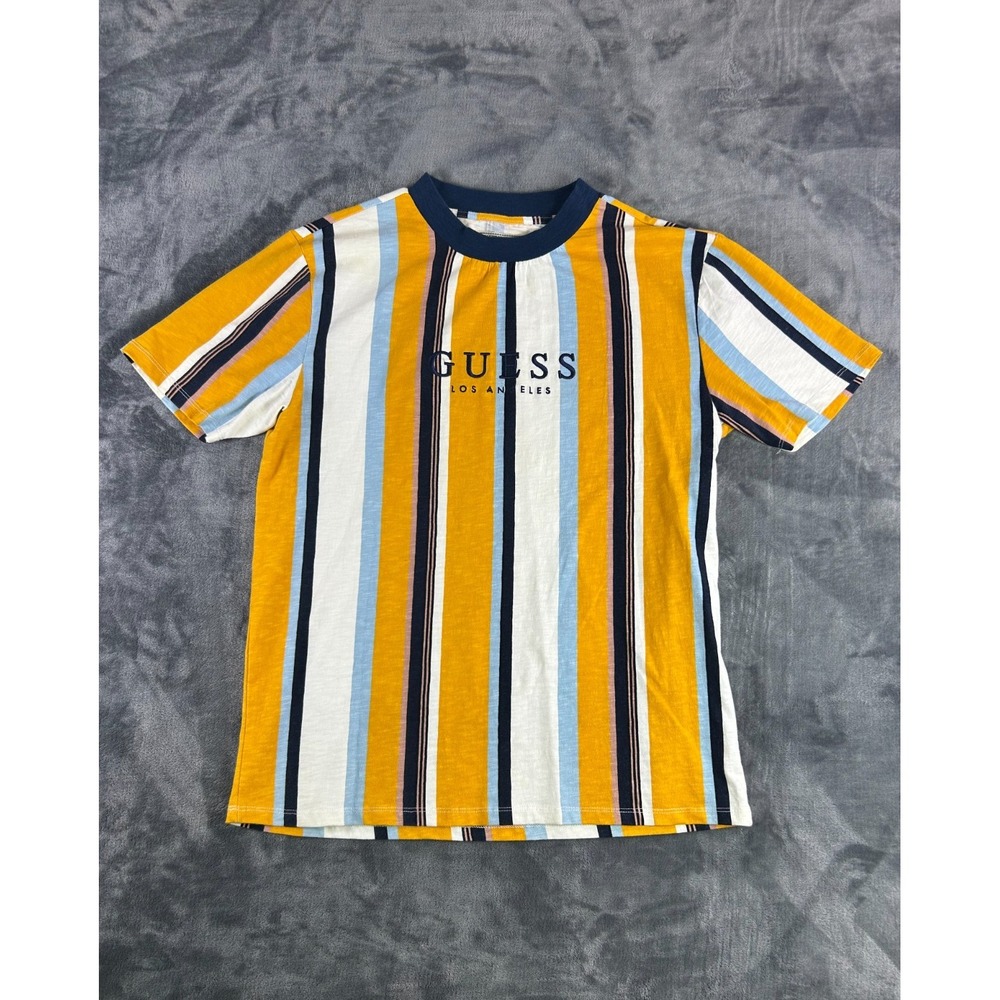 Vintage GUESS Originals Striped T-Shirt Mens Small‎ Yellow Blue White Spell out